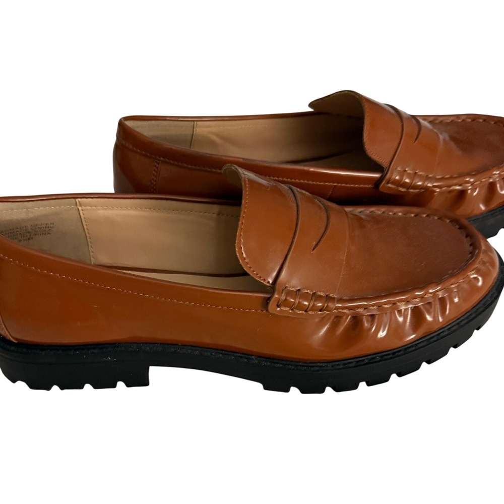 Loft Penny Loafers Womens 9.5 Cognac Brown Faux Leather Chunky Lug Sole Slip On - Picture 2 of 9